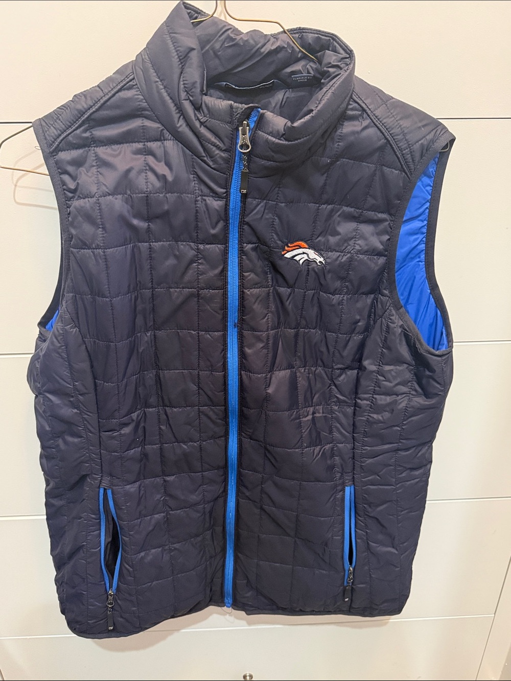Cutter & Buck Navy Quilted Vest with Bright Blue Accents and Denver Broncos Logo
